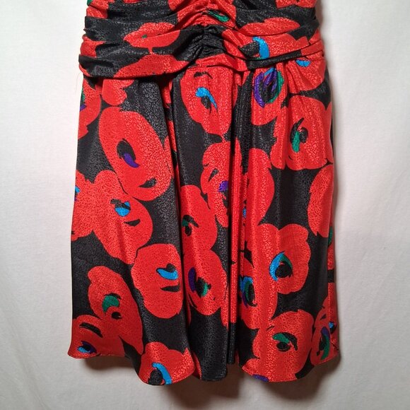 Vintage 1980s Party Dress Apostrophe 13/14 Red Black Floral Satin Sleeveless - Picture 11 of 16